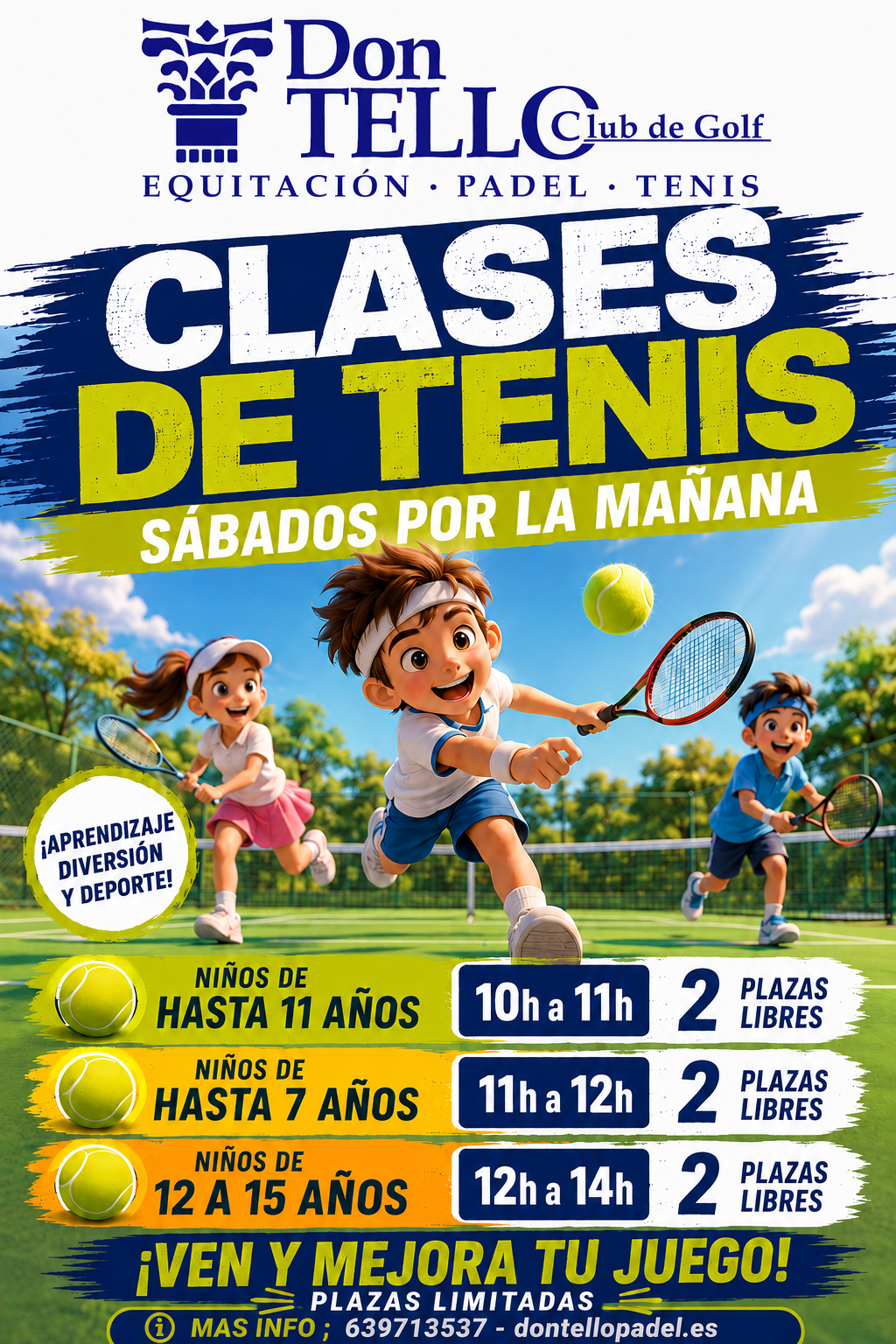 Últimas plazas libres. Clases de tenis sábado por la mañana para niños.